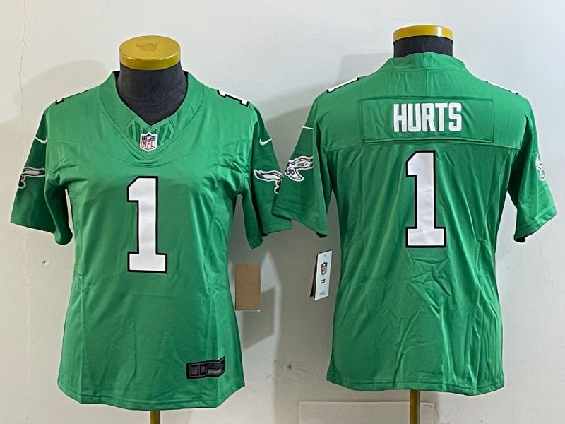 Women Philadelphia Eagles #1 Hurts Green three generations 2025 Nike Vapor Limited NFL Jersey style 1
